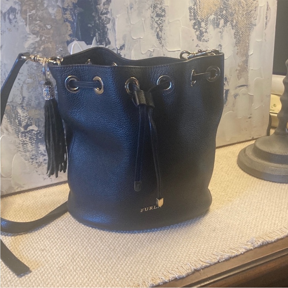 Furla Black Leather Drawstring Bucket Bag - Picture 7 of 11
